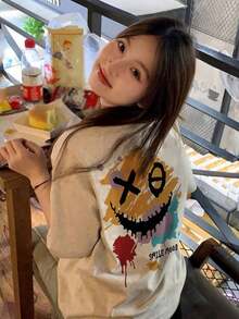 Limited-Time Offer. Limited-Time Purchase. Women's Letter T-Shirts. Funny T-Shirt. Commemorative T-Shirt. Women's Japanese-Style Short-Sleeve T-Shirt, Loose Fit, Gray Floral Print, Casual, Versatile, Cartoon  Face Print, For Spring/Summer, Black. 2UXZ - 白色 - 查看 5