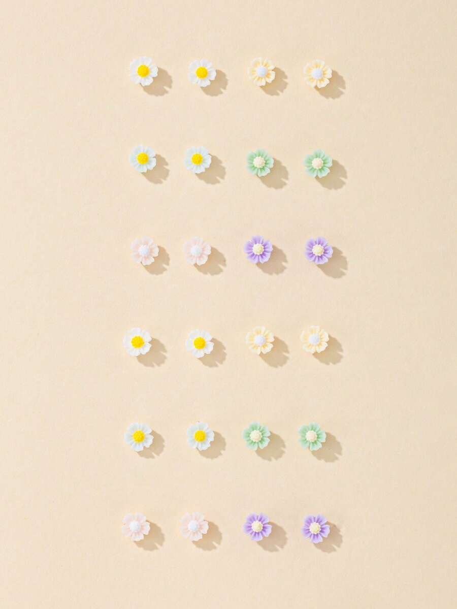 12 paires de boucles d'oreilles à tige dégradé Daisy, convient pour un usage quotidien décontracté, les sorties, cadeau de bijoux pour les femmes, les amis - Multicolore - Voir 1