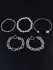 5Pcs Vintage Chunky Silver Multi-Layer Bracelet Set, Edgy Chic Chain With Beaded Heart Detail & Smooth Cuff, Perfect Gift For Women's Fashion Accessories - Silver - View 2