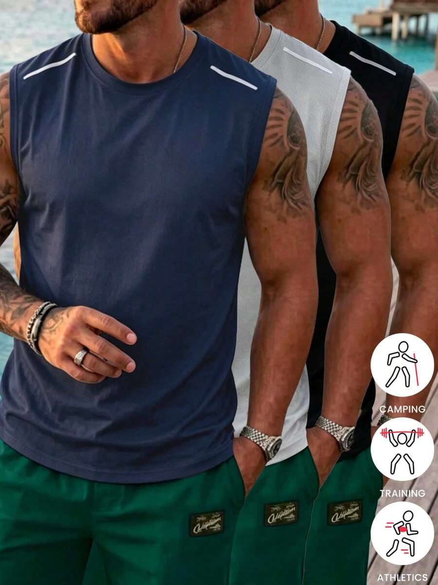 Bộ 3 áo tank top thể thao nam, áo thun tập luyện không tay nhẹ, màu trơn có in họa tiết, trang phục thường ngày đi biển.
