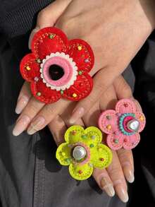 Colorful Embroidered Flower Beaded Button Dopamine Flower Resin Ring, Harajuku Creative Y2K Decorative Ring, Cosplay Ring - Multicolor - View 5