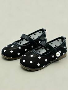 黑白波點女童瑪麗珍鞋，珍珠魔鬼氈設計，軟底復古休閒洋裝平底鞋 - 黑色 - 查看 5