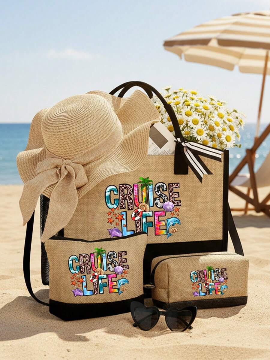 1組女款海灘托特包附「Cruise Life」Logo，含1個大容量托特包與2個化妝包，帆布海灘包、文具包、配件收納包、購物袋、旅行包、小方包，適合婚禮、生日、節日等場合。適合送給女性、母親、老師、朋友、伴娘、學生的好禮，開學季首選。大容量旅行托特包適合度假與週末短途旅行