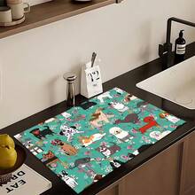 1pc Animal Pattern Printed Absorbent Dish Drying Mat, Home Decor, Suitable For Espresso Machine Countertop, Sink Drain Mat, Soft Faucet Pad, Bathroom Cup Mat, Kitchen & Bathroom Accessories - Multicolor - View 4