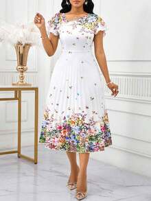 xheSHEIN Lady Vestido midi elegante con estampado floral, mangas asimétricas con volantes para mujerxhe - Multicolor 2 - Ver 5