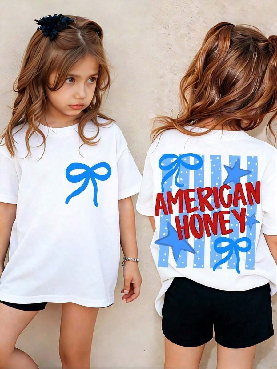 American Honey Kids' Short Sleeve T-Shirt With 4th Of July Cartoon Print, 180g, Soft, Comfortable And Breathable, Suitable For All Seasons, Perfect For Boys And Girls For Everyday Wear, School And Casual Sportswear. An Ideal Crew Neck T-Shirt For Holiday Parties, Gatherings, Outdoor Activities And Travel. - 藍白色 - 查看 1