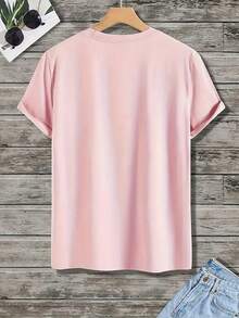 Men's Casual T-Shirt With Football Pattern And Letter Print - Crew Neck, Short Sleeve Summer Shirt, Lightweight Polyester, Perfect For Outdoor Activities And Casual Wear - 粉紅色 - 查看 2