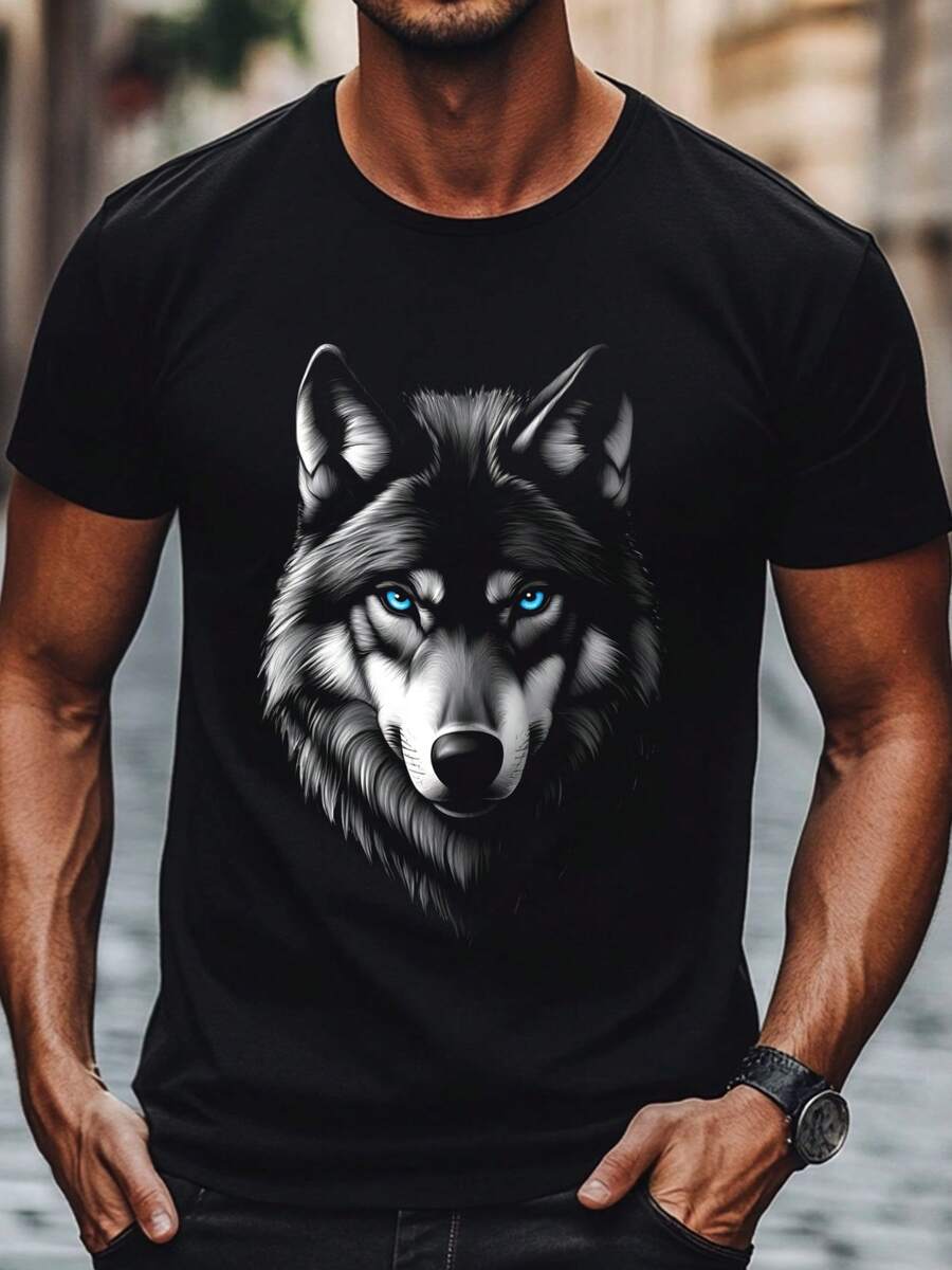 Men's Soft T-Shirt With Eye-Catching Wolf Face Graphic - Casual Black Short Sleeve Crew Neck T-Shirt, Breathable 180GSM Fabric, Machine Washable, Comfortable Fit For Summer, Valentine's Day And New Year's Gift, Durable Print Quality - 黑色 - 查看 1