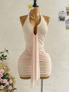 Vestido mini con estampado floral, diseño de lazo y escote halter, para vacaciones - Albaricoque - Ver 7