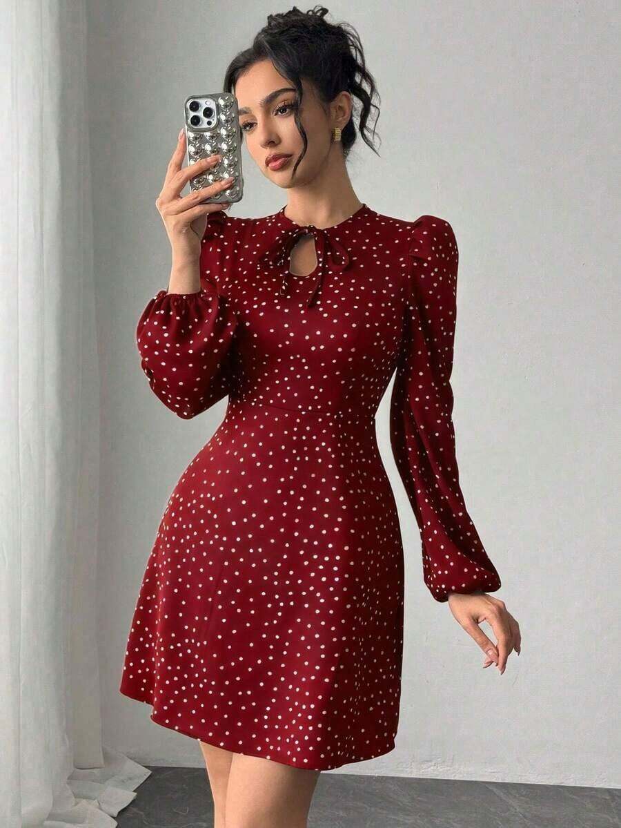 MEXChiquease Vestido de manga larga con cintura ajustada, estampado de lunares y lazo, elegante para mujer, primavera/otoñoMEX DKYJ - Burdeos - Ver 1
