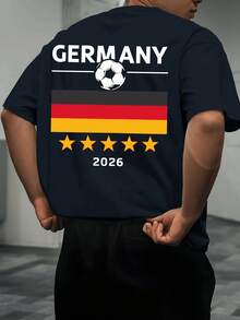 Men's German 2026 Printed T-Shirt - Loose Fit, Short Sleeve With Football And Flag Design, Breathable Crew Neck, Casual Summer Sportswear, Football Fan Clothing, Flag Print Clothing, Comfortable Fit, Plus Sizes - 寶藍色 - 查看 4