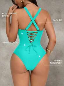 Traje de baño de una pieza con control de abdomen y push-up, con espalda cruzada, en color marrón con diseño de patchwork, elegante y sexy para fiestas y piscina - Verde - Ver 6