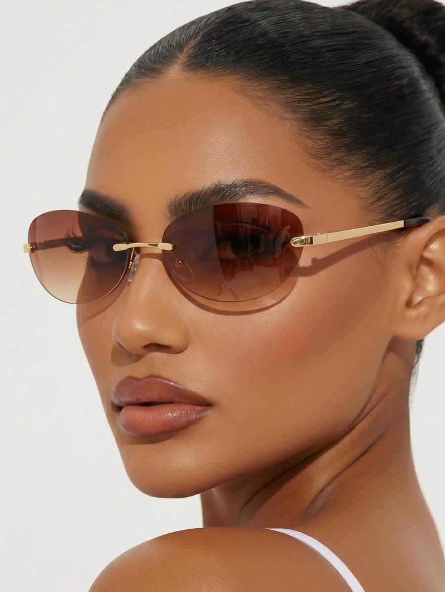 1 Pair Women's Brown Rimless Metal Leg Retro Personalized Fashion Glasses Suitable For Daily Wear - Brown - View 1