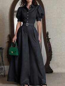 Elegant Women Wide Leg Jumpsuit With Puff Sleeve, Lapel, Button And Belt Design Black Summer - Black - View 2