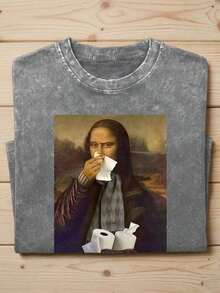 1 Piece Oversized Graphic T-Shirt With Sick Mona Lisa Meme, Short Sleeve For Men, 100% Cotton, Loose Fit, Streetwear Style, Artistic Parody, Funny Aesthetic For Sick Days, Baggy Style, 180g 100% Cotton - 灰色 - 查看 1