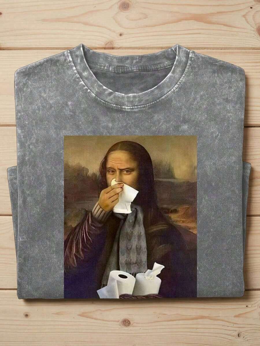 1 Piece Oversized Graphic T-Shirt With Sick Mona Lisa Meme, Short Sleeve For Men, 100% Cotton, Loose Fit, Streetwear Style, Artistic Parody, Funny Aesthetic For Sick Days, Baggy Style, 180g 100% Cotton - 灰色 - 查看 1