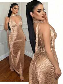 MEXSHEIN  Vestido de mujer con escote en V profundo y espalda descubierta con estampado de cebraMEX RAW4 - Caqui - Ver 5