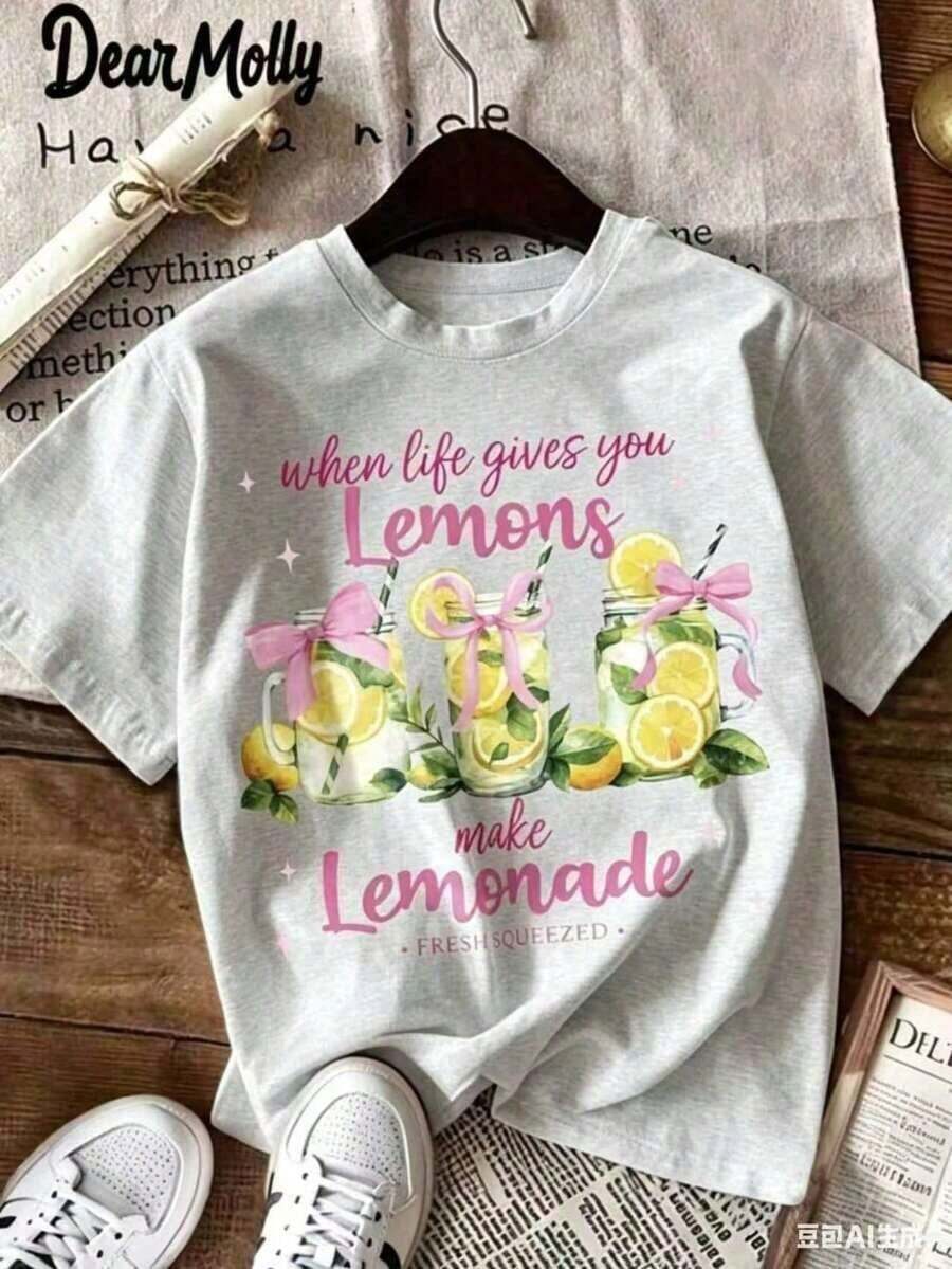 Tropical Clothing For Women DEAR MOLLY Women's Lemonade Print T-Shirt "When Life Gives You Lemons", Retro Casual Lemon Print T-Shirt, Round Neck And Short Sleeve, Suitable For Summer, Vacation And Daily Wear, Unisex Casual T-Shirts, Loose And Comfortable Maija - 灰色 - 查看 1