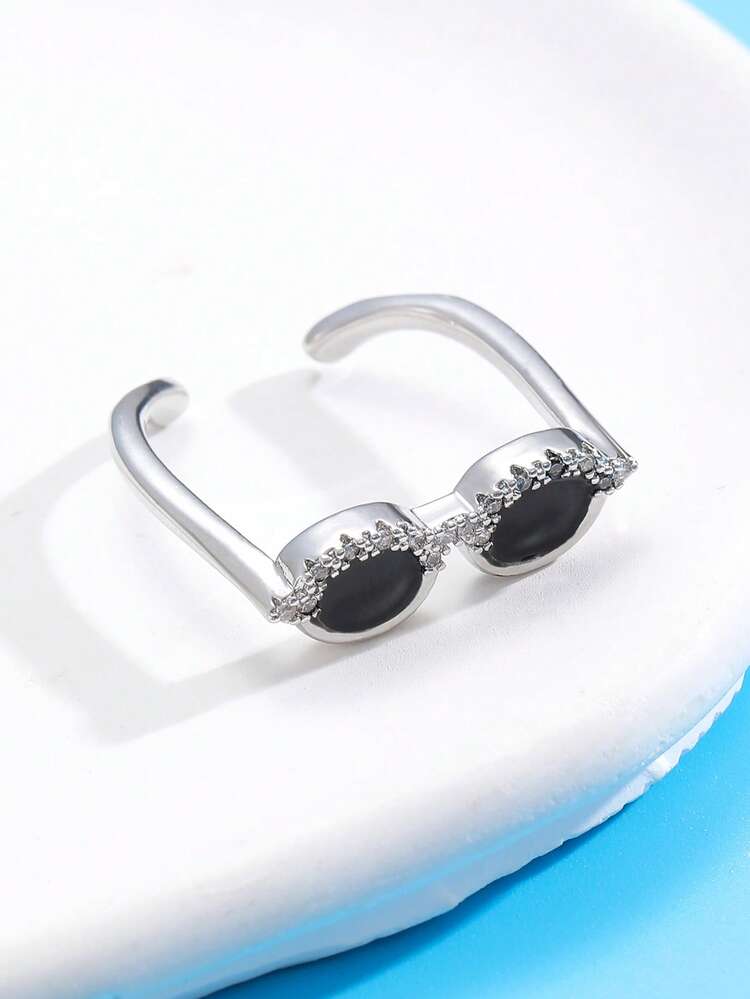 1pc Vintage Personalized Mini Glasses Luxury Copper Rhinestone Ring, Mini Finger Glasses Ring For Women, Adjustable Open Ring For Daily, Party And Summer Outfit, Jewelry Gift - Multicolor - View 4