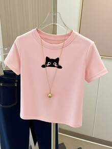 Women's Short Sleeve T-Shirt, Regular Shoulder, Round Neck, Summer Thin, Versatile, Loose, Slimming, New Cute Cat Print, Ins Style Casual Pink - Pink - View 2