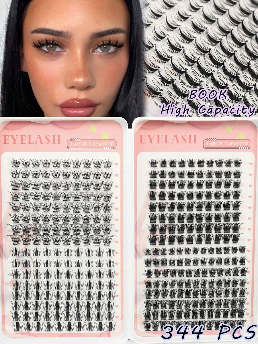 344pcs Curled Individual False Eyelashes, C/D MIX, Suitable For Natural Makeup, Lightweight & Dense, Cluster Design, Soft & Delicate, Ultra-Lightweight, Reusable, Segmented Lashes, Ideal For Beginners, Suitable For Daily, Wedding, Date, Party, Music Festival And Other Occasions - C/D MIX - View 1