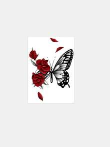 1 Tattoo Sticker - Black And Gray Butterfly Red Rose Retro Cool Square Tattoo Design. Temporary Tattoo Sticker. Washable PVC. One-Time Use. Waterproof And Sweat-Proof. Suitable For Hands, Arms, Waist, Abdomen, Back, Legs. Non-Reflective. Simulated Tattoo Design. Suitable For Travel, Music Festivals, Games, Graduation Gifts. Daily Use. For 3-5 Days. - Multicolor - View 4
