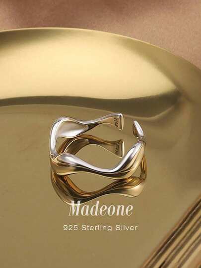 MADEONE 1枚925纯银简约素圈戒指，配波浪形戒托，优雅珠宝礼物，适合女孩派对装饰