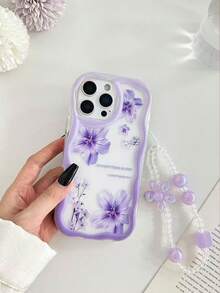 奶油波浪邊亮面花卉彩繪防震手機殼附珠飾手鍊配件，適用於 iPhone 17pro/17Air/17/17promax16/11/16pro/16plus/16promax/16e/15Promax/13/14/12/XS/XR/7G/8P、 Galaxy 11/12Pro/12/12X/13Pro/14Pro/15Pro/、Redmi 10/9/Note9/12c/Note11pro/Note8Pro - 彩色 - 查看 2