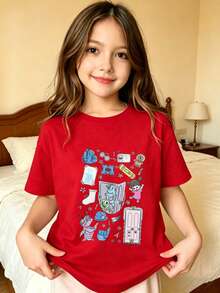 Personajes y objetos de dibujos animados Camiseta estampada para niños - Rojo - Ver 8