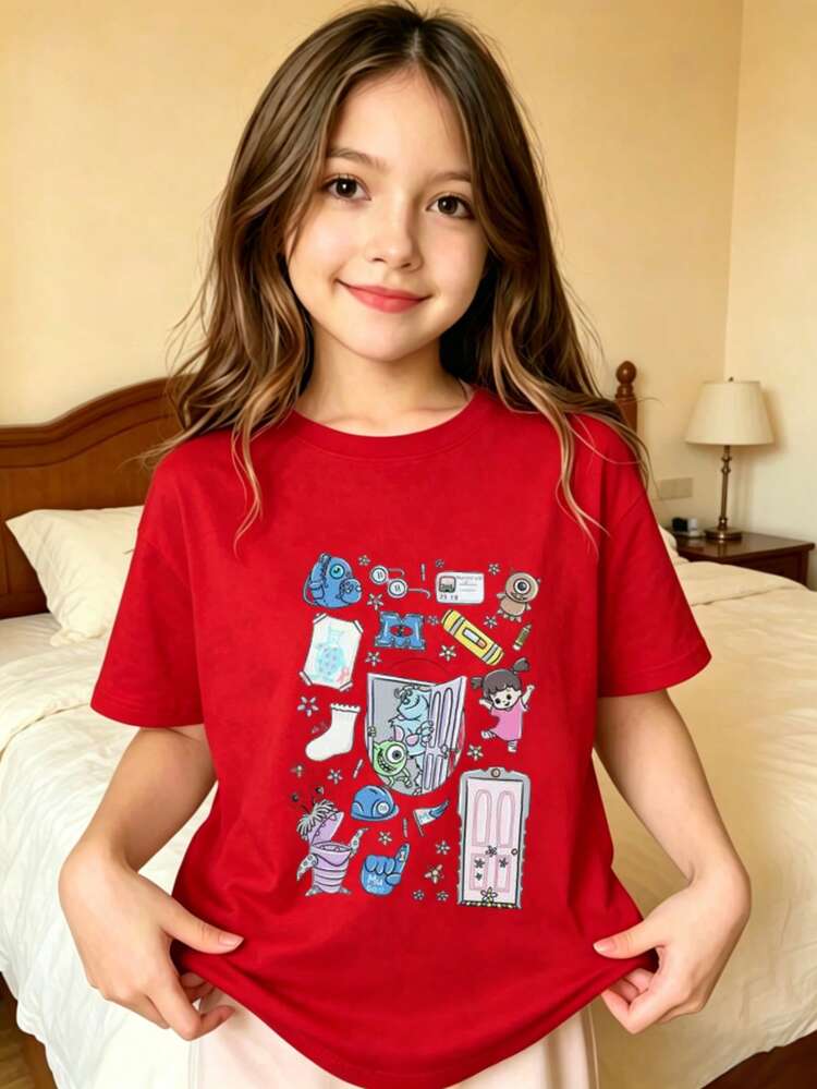 Cartoon Characters And Objects Printed T-Shirt For Kids - Red - View 8