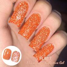 FOUR LILY 1pc Orange Color Fluorescent Reflective Glitter Gel Nail Polish , 10ml Neon Color Sparkle Glitter Dark Flashy Laser Gel Polish For Summer Nails, Semi Permanent Soak Off UV Gel Varnish Manicure Nail Supplies Nail Art DIY For Home And Salon - 橘色 - 查看 4