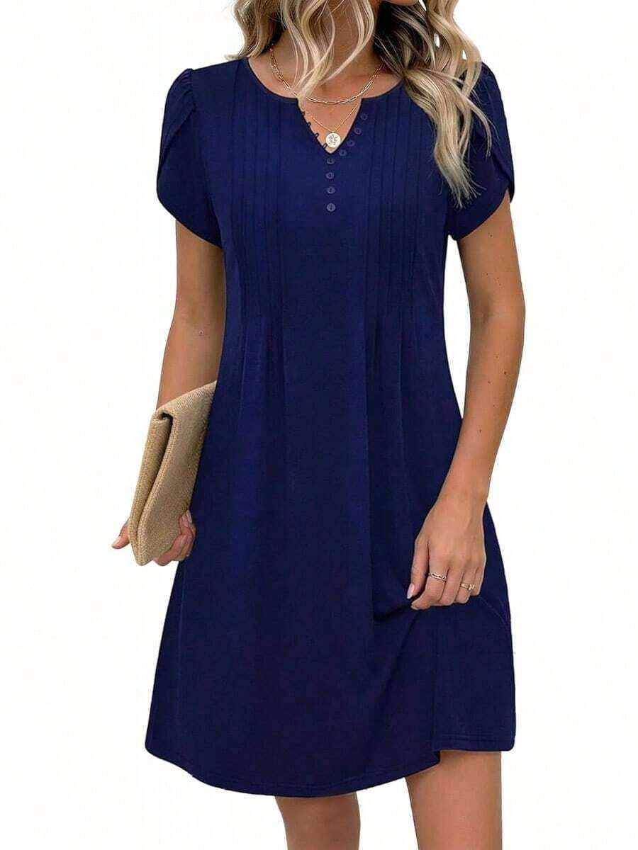 ,Flower Dress Women,2026 Women's Summer Casual Floral V-Neck A-Line T-Shirt Mini Dress Short Sleeve With Pockets Beach Sundress,Casual Summer Dress, S - 藏蓝色 - 查看 1