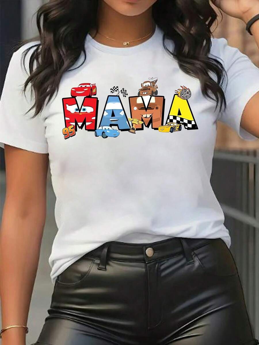 Disney Officially Licensed 100% Cotton T-Shirt, Unisex Short-Sleeve T-Shirt, Disney-Licensed Women's T-Shirt Featuring A Popular Cartoon Racing Car Lightning McQueen Print And Cool Lettering M A M A. Funny T-Shirt With A Parent-Inspired Design, Short Sleeves And A Round Neckline, Casual, Comfortable, And Stylish, Suitable For Spring And Summer. - 白色 - 查看 1