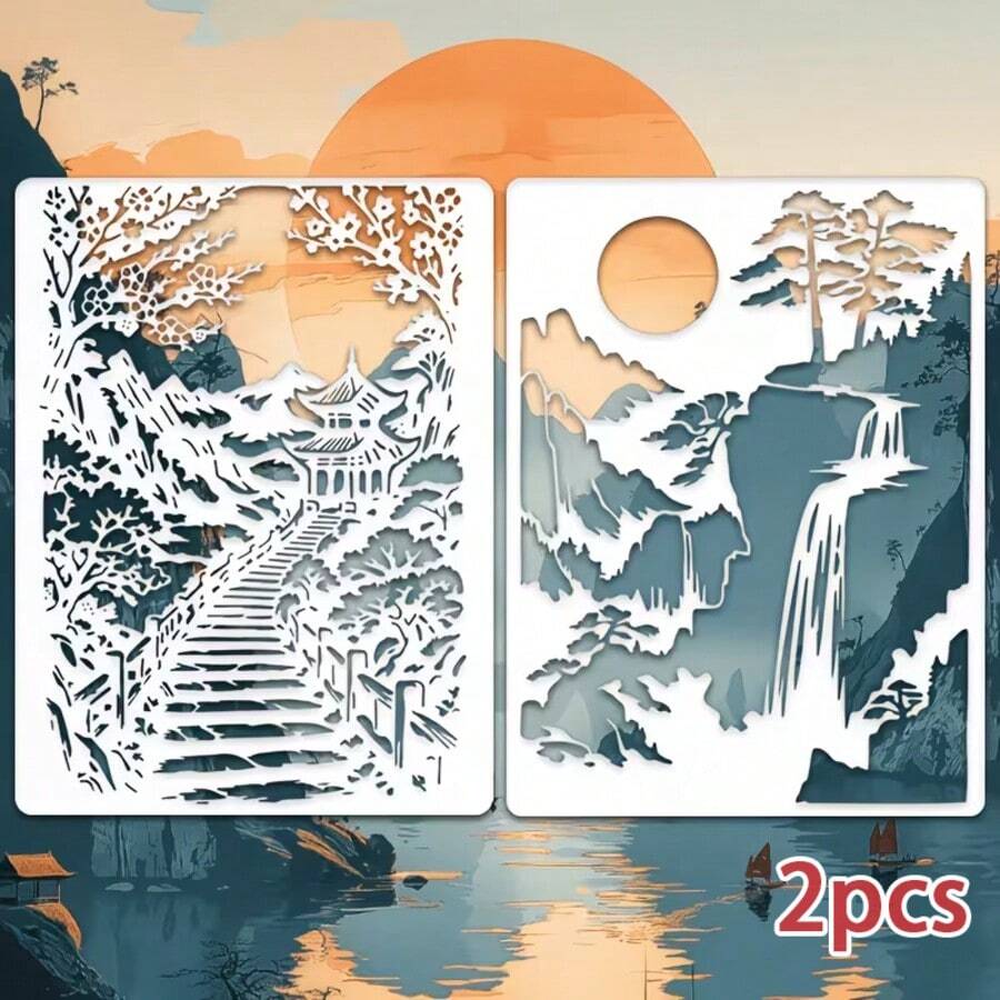 1张中国风日出山水画模板，可水洗重复使用，描绘东方美景，适用于各种项目。复古中国风设计，可用于墙面、地面和纺织品，图案包含日出、山峦和松树。