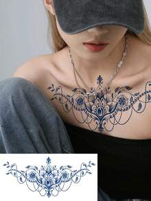 1 Waterproof And Non Reflective Wing Tattoo Sticker, Semi Permanent Plant-Based Temporary Tattoo, Cool Flying Wing, Flower, Chain Pattern, Easy To Play, Suitable For Women's Back And Chest Use, Lasting 7-14 Days, Essential For Party Music Festivals - Blue - View 10