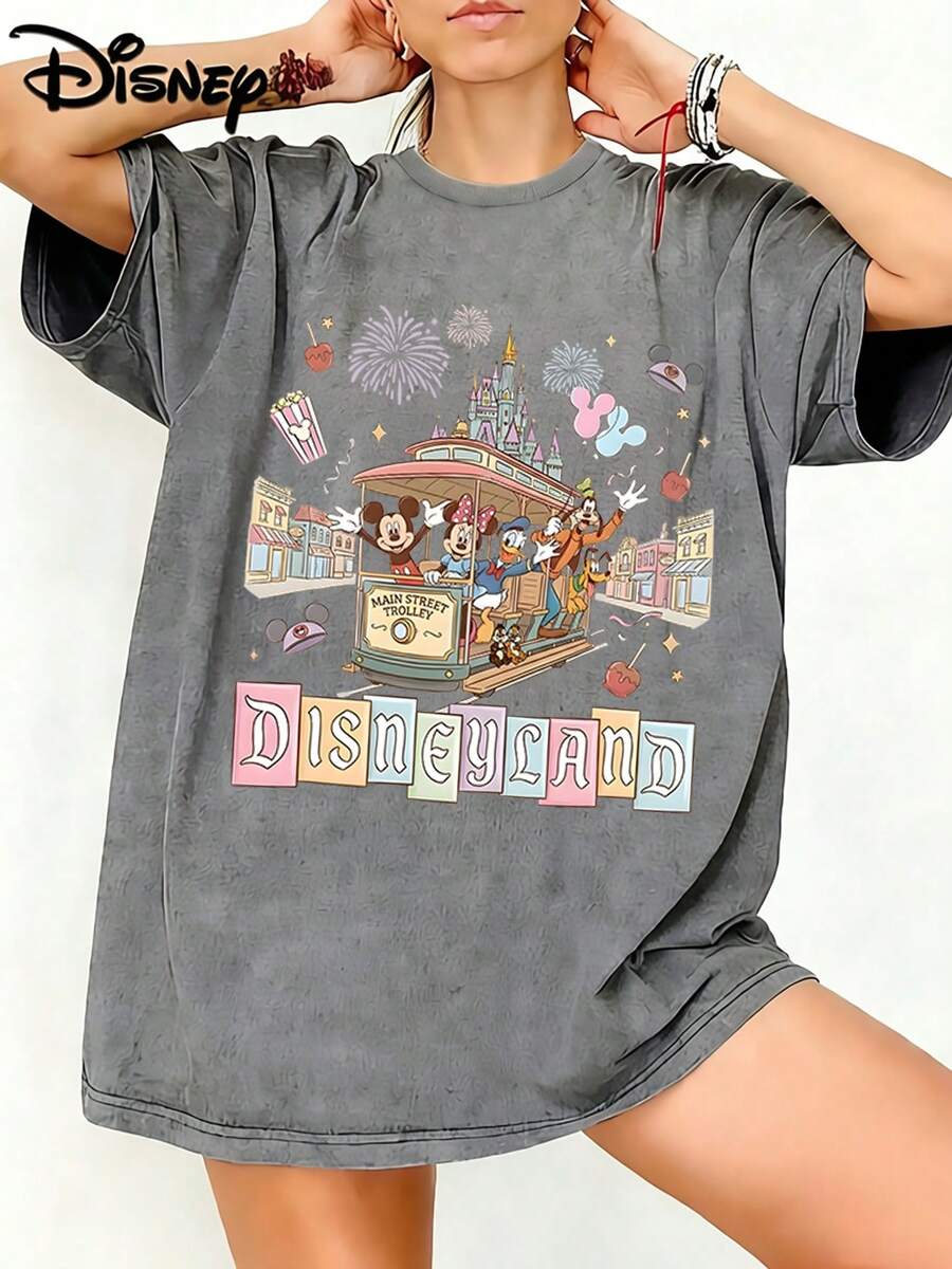 Disneyland Main Street Trolley Rainbow Letter Graphic Washed Unisex TShirt, 100% Cotton Oversized Vintage Short Sleeve Tee, Colorful Park Trip Themed Casual Top - Grey - View 1