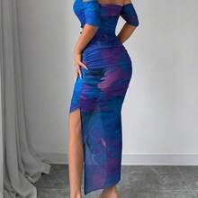 Vestido de mujer elegante con hombros descubiertos, teñido anudado y abertura, vestido maxi de otoño para mujeres - Rosado Sandía - Ver 3