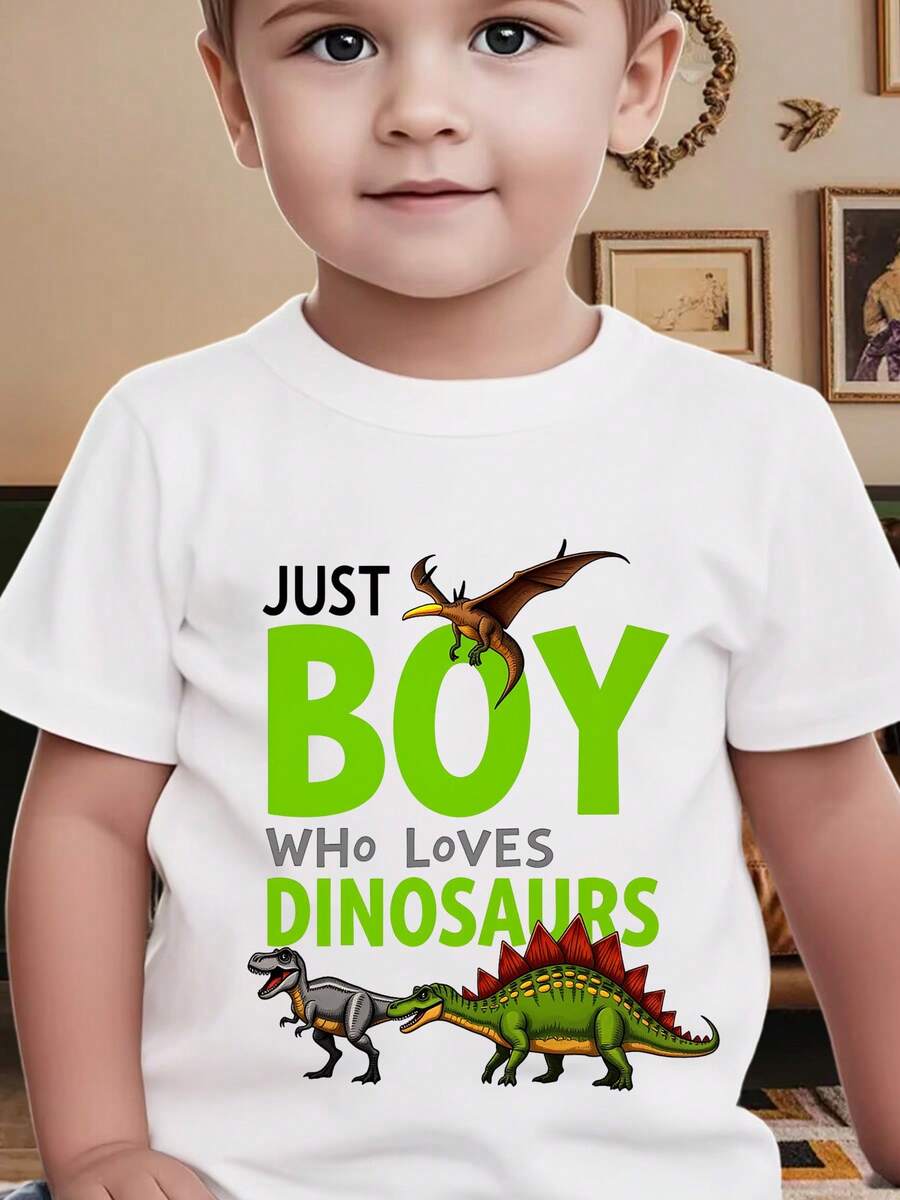"Just A Kid" Anime T-Shirt With Dinosaurs For Boys - Kawaii Short Sleeve Crew Neck Top, Spring And Summer Casual Clothes For Toddlers (Hand Wash) - Everyday Wear And Party Outfit - 白色 - 查看 1
