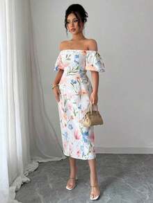 MEXSelianne Vestido de verano elegante de mujer con estampado floral en todo el Body y hombros descubiertosMEX RYPS - Albaricoque - Ver 3