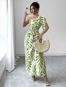 xheElenzga Vestido ajustado con mangas abullonadas, cintura con lazo y estampado floral elegante para mujer, azul y blanco, primavera/veranoxhe - Verde - Ver 3