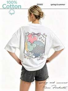 Women's Crew Neck T-Shirt With World Design, Officially Licensed, 100% Cotton - Lightweight, Casual Summer, Short Sleeve, Easy Machine Wash, Versatile Top For Everyday Wear, Stylish Design, Breathable Fabric, A Must-Have For Pop Culture Fans. - 白色 - 查看 2