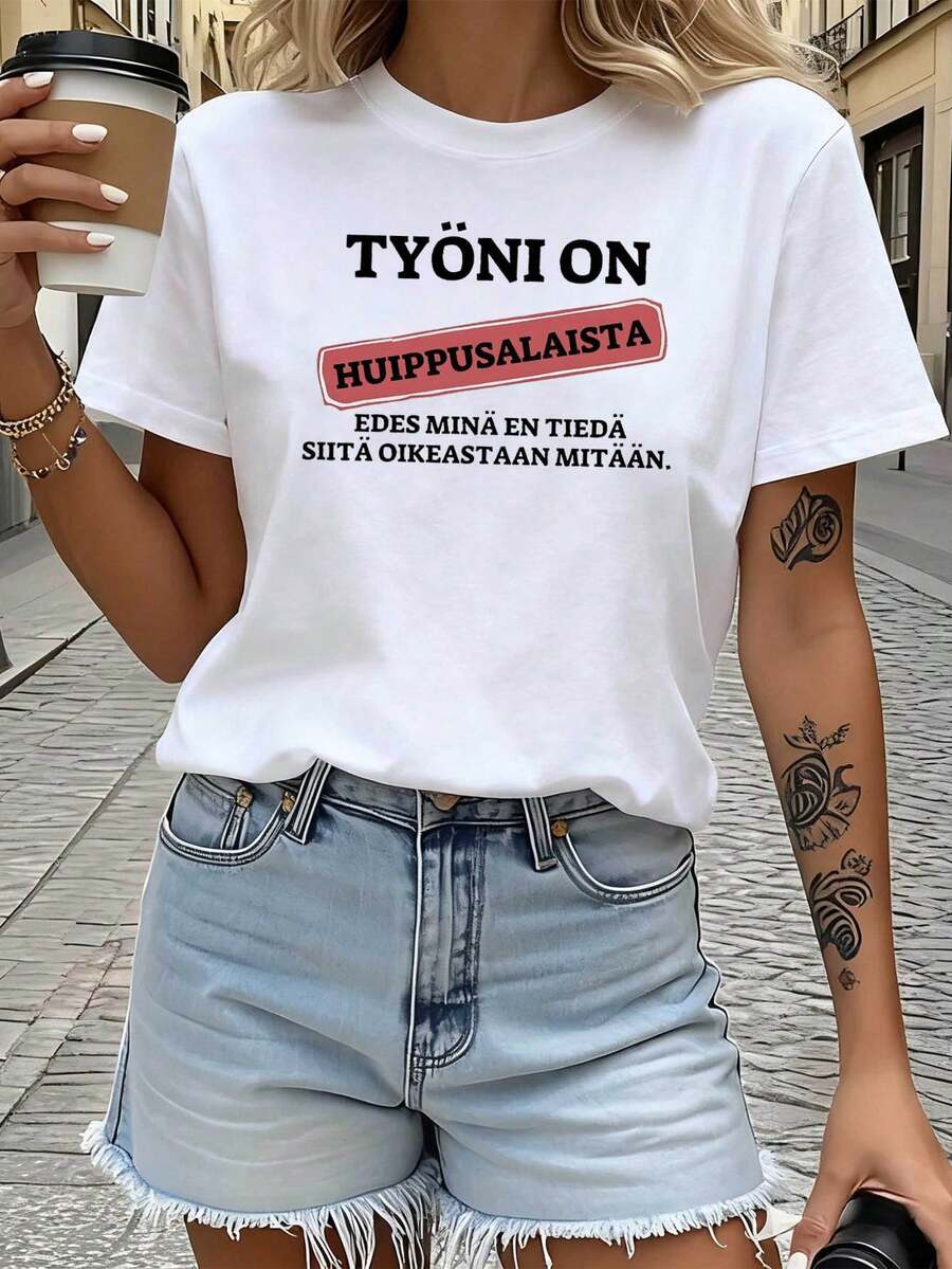 Tema de queja de trabo finlandés impreso cuello de la tulación de la mujer camiseta, drtido texto de la decoración de manga corta casual, juguetón de la oficina trabador de uso diario superior