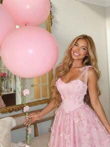 MOD Vestido midi elegante de mujer con cintura ceñida, aplicaciones y malla de contraste, adecuado para vacaciones de verano - Rosa - Ver 6