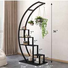 Soporte para plantas de interior con 4 ganchos colgantes, estante alto de 5 niveles para plantas de 56", estante para plantas en forma de media luna, estante de exhibición, 2 piezas de soporte para plantas, estante para flores, estantes de almacenamiento para sala de estar, patio, decoración exterior en negro/marrón. - Negro - Ver 8