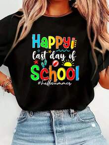 2026 New Products Of Great: Women's Cotton Crew Neck T-Shirt, Funny "Happy Last Day Of School, Hello Summer" Print T-Shirt For Teachers And Students, Casual Short Sleeve Crew Neck T-Shirt, Comfortable For Spring And Summer, Women's Clothing, Easy To Match Wardrobe Essentials, Versatile Short Sleeve T-Shirts That Present A Natural And Elegant Temperament. - 黑色 - 查看 6