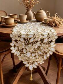 HXARTMIS 1pc Elegant Green/Coffee Floral Lace Embroidery Tassel Table Runner, Vintage Hollow-Out Tablecloth For Wedding Party, Restaurant And Home Decor - Multicolor - View 3