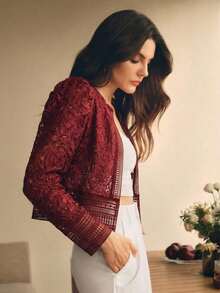 Chaqueta casual de mujer con mangas abullonadas, ribete de encaje floral, cuello redondo, color blanco, adecuada para primavera, vacaciones y tiempo libre - Burdeos - Ver 2