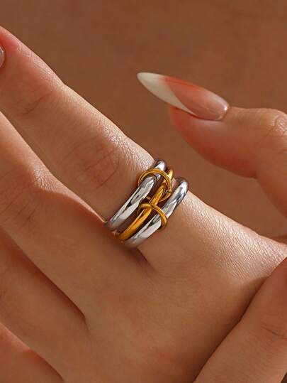 1pc Stainless Steel Minimalist Dual-Tone Multi-Layer Round Ring, Suitable For Women's Daily, Party Wear