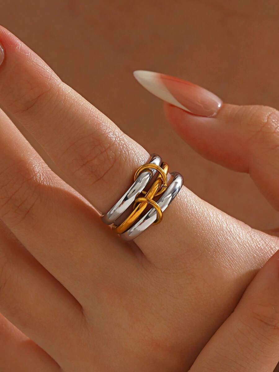 1pc Stainless Steel Minimalist Dual-Tone Multi-Layer Round Ring, Suitable For Women's Daily, Party Wear - Multicolor - View 1