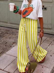 Women's Casual Striped Straight Loose Pants For Summer, Suitable For Daily Wear & Vacation - Fluorescent Yellow - View 6